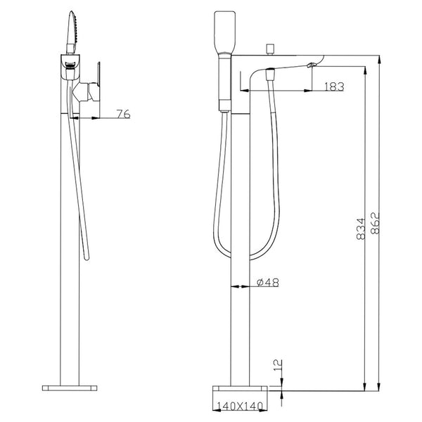 Chrome/Black Floor Standing Mixer With Diverter & Handheld Shower(Brass)