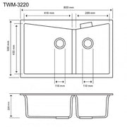 800 x 500 x 220mm Carysil Black/White/Grey Double Bowl Granite Kitchen Sink Top/Flush Mount FIL Kitchen Bathroom