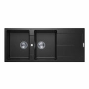 1160 x 500 x 200mm Carysil Black/White Double Bowl with Drainer Board Granite Kitchen Sink Top Mount FIL Kitchen Bathroom