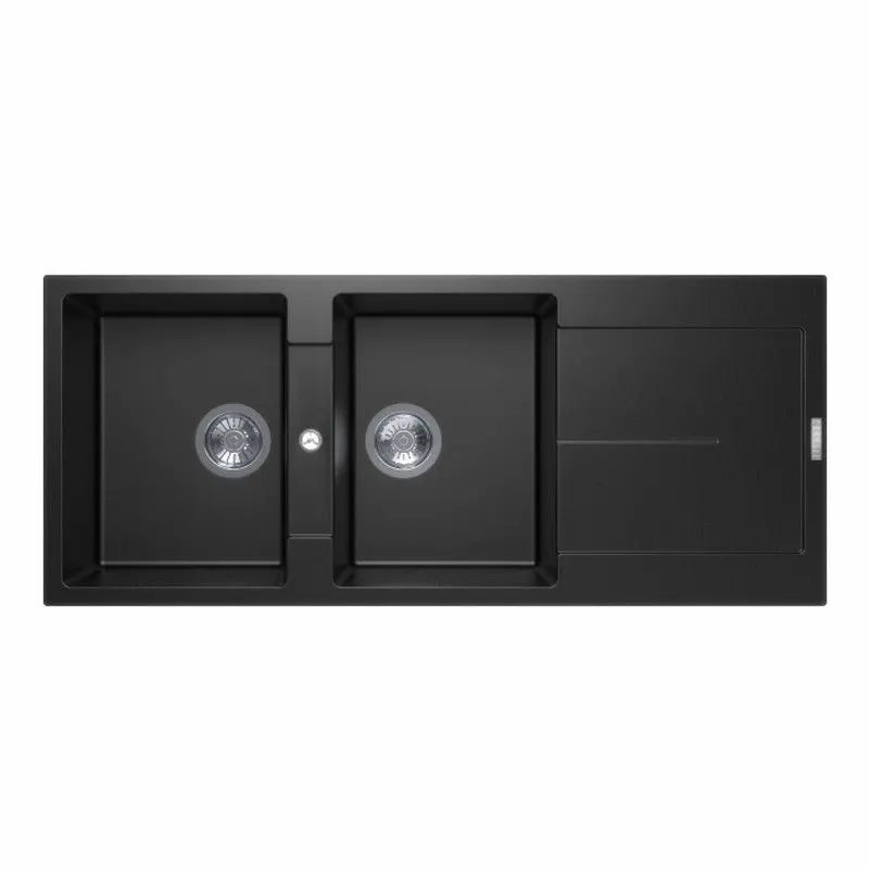 1160 x 500 x 200mm Carysil Black/White Double Bowl with Drainer Board Granite Kitchen Sink Top Mount FIL Kitchen Bathroom