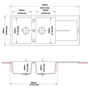 1160 x 500 x 200mm Carysil Black/White Double Bowl with Drainer Board Granite Kitchen Sink Top Mount FIL Kitchen Bathroom