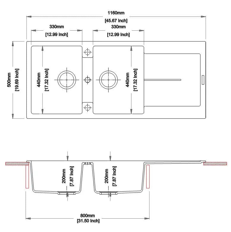 1160 x 500 x 200mm Carysil Black/White Double Bowl with Drainer Board Granite Kitchen Sink Top Mount FIL Kitchen Bathroom