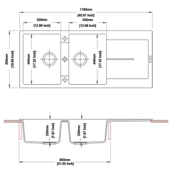 1160 x 500 x 200mm Carysil Black/White Double Bowl with Drainer Board Granite Kitchen Sink Top Mount