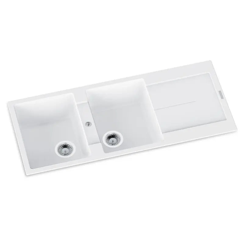 1160 x 500 x 200mm Carysil Black/White Double Bowl with Drainer Board Granite Kitchen Sink Top Mount FIL Kitchen Bathroom