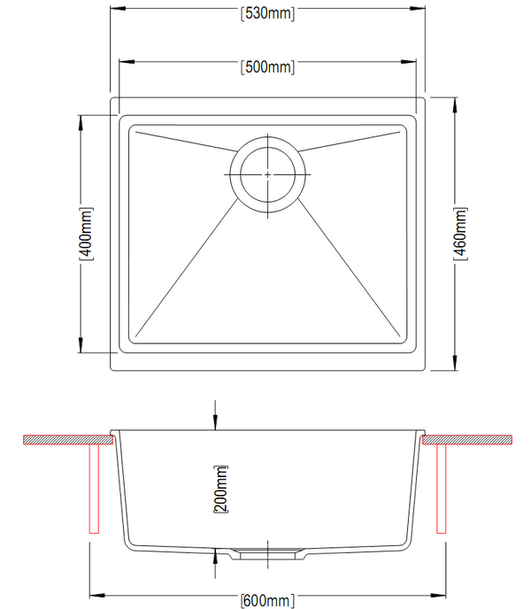 530 x 460 x 200mm Carysil Black/White Single Bowl Granite Kitchen/Laundry Sink Top/Flush/Under Mount