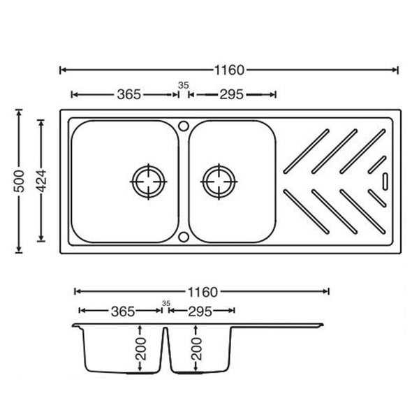 1160x500x200mm Black/White Granite Quartz Stone 1 and 3/4 Kitchen Sink Double Bowls Drainboard Topmount