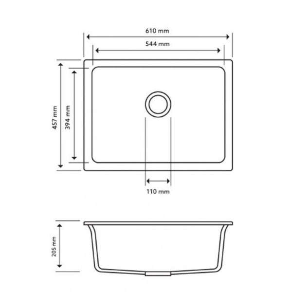 610 x 457 x 205mm Carysil Single Big Bowl Granite Kitchen/Laundry Sink Top/Flush/Under Mount