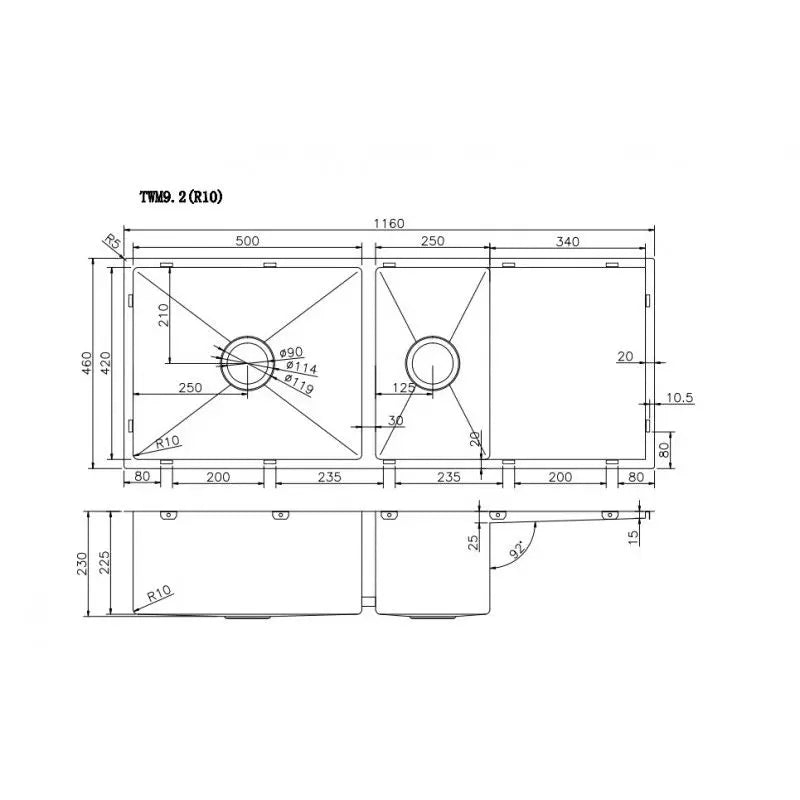 1160x460x230mm Handmade Kitchen Sink One and Half Double Bowls with Drainer Board FIL Kitchen Bathroom