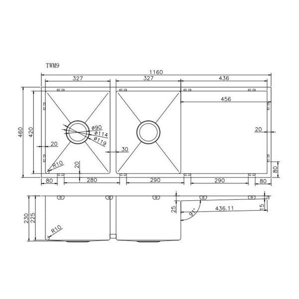 1160x460x230mm 1.2mm Handmade Top/Undermount Double Bowls Kitchen Sink Chrome/Grey/Gold