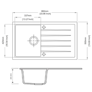 860 x 500 x 205mm Carysil Black/White/Grey Single Bowl With Drainer Board Granite Kitchen Sink Top/Flush/Under Mount FIL Kitchen Bathroom