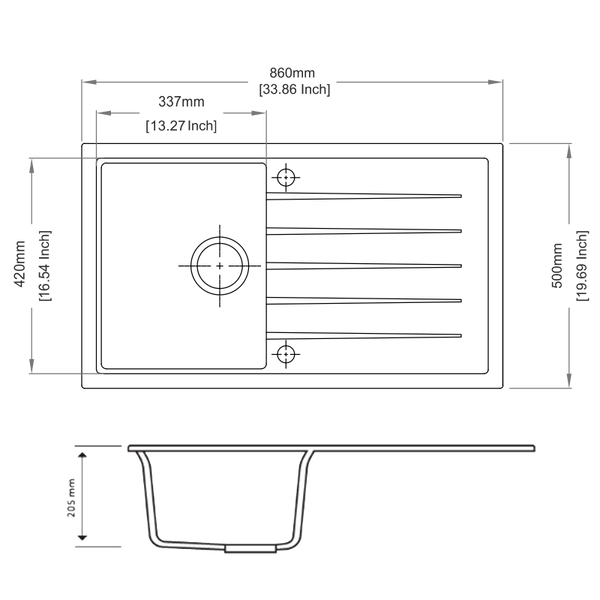 860 x 500 x 205mm Carysil Black/White/Grey Single Bowl With Drainer Board Granite Kitchen Sink Top/Flush/Under Mount