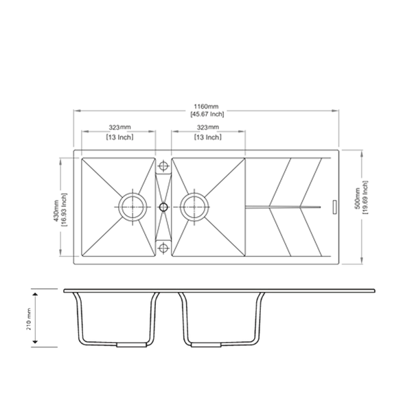 1160 x 500 x 210mm Carysil Black/White/Grey Double Bowl Drainer Board Granite Kitchen Sink Top/Flush/Under Mount