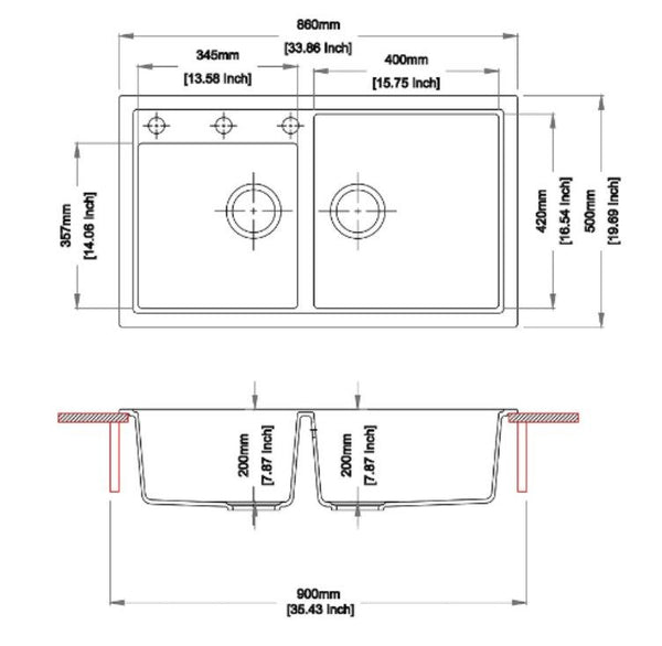 860 x 500 x 205mm Carysil Black/White/Grey Double Bowl Granite Kitchen Sink Top/Flush/Under Mount