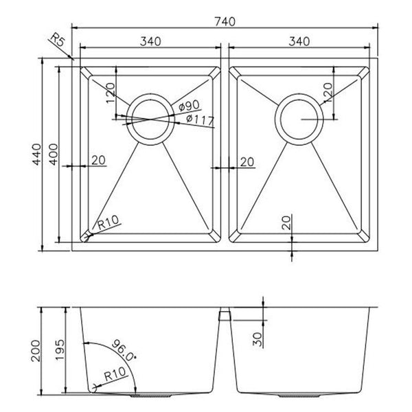 740x440x200mm 1.2mm Handmade Double Bowls Top/Undermount Kitchen/Laundry Sink