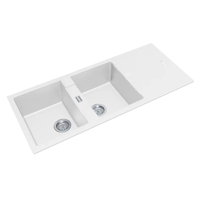 1160*500*200mm White Granite Quartz Stone Kitchen Sink Double Bowls Drainboard Top/Undermount FIL Kitchen Bathroom