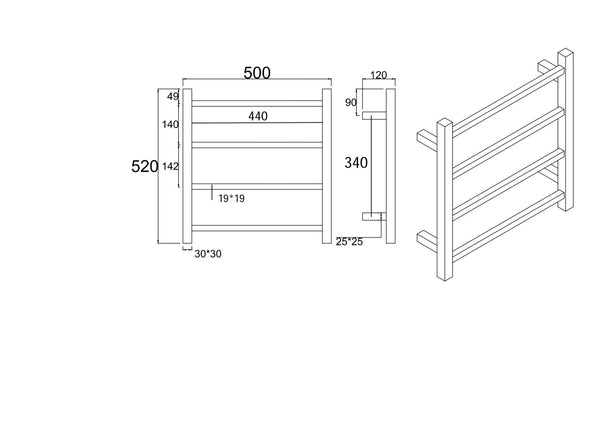 Square Electric Heated Towel Rack 4 Bars Chrome and Colours