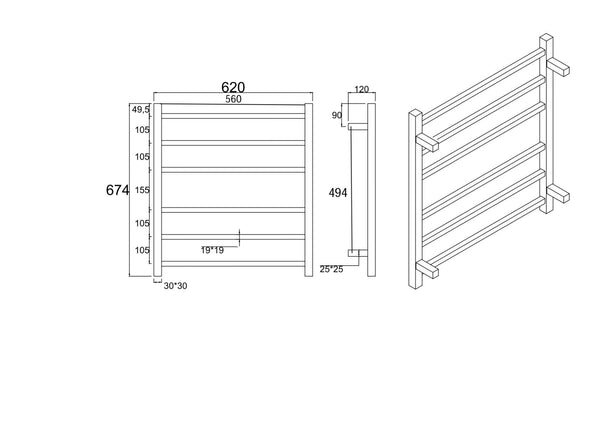 Square  Electric Heated Towel Rack 6 Bars Chrome and Colours