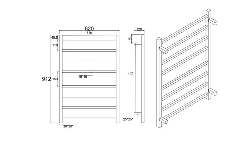 Square Electric Heated Towel Rack 8 Bars Chrome/Black FIL Kitchen Bathroom