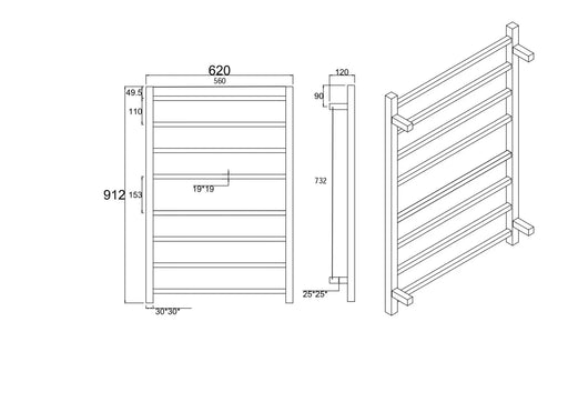 Square Electric Heated Towel Rack 8 Bars Chrome/Black FIL Kitchen Bathroom