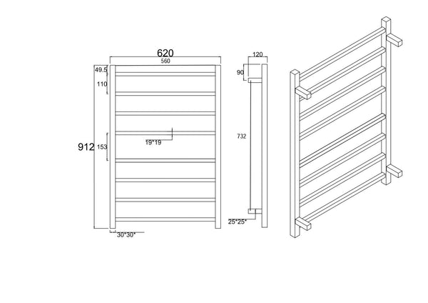 Square Electric Heated Towel Rack 8 Bars Chrome/Black