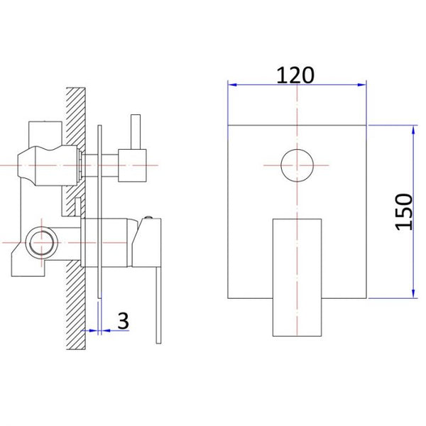 ROSA SQUARE BATH/SHOWER MIXER WITH DIVERTER CHROME / MATTE BLACK