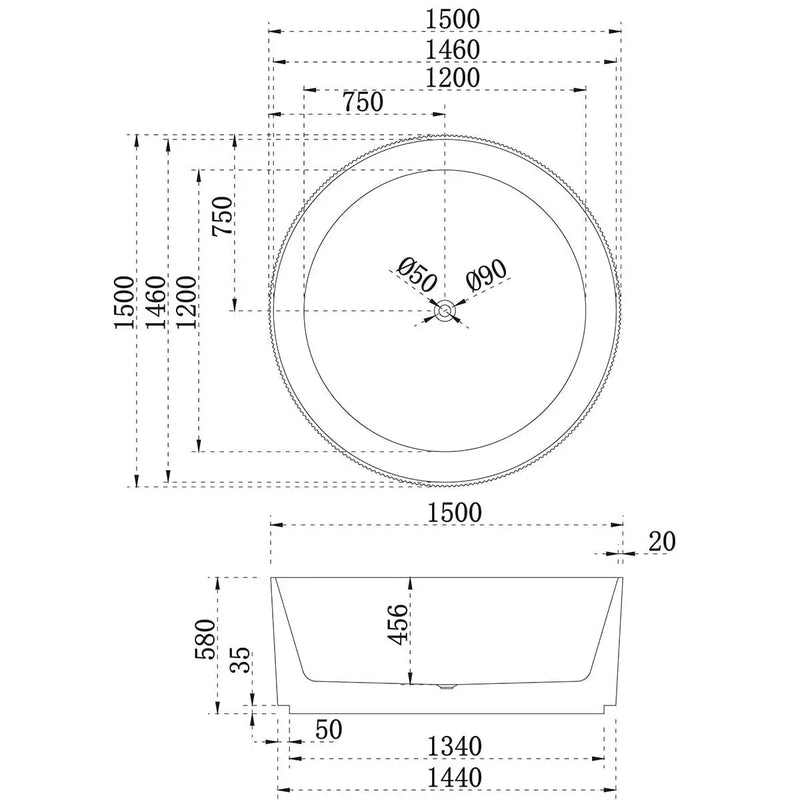 Victoria V-Groove 1500mm Round Matte White Freestanding Bath PS
