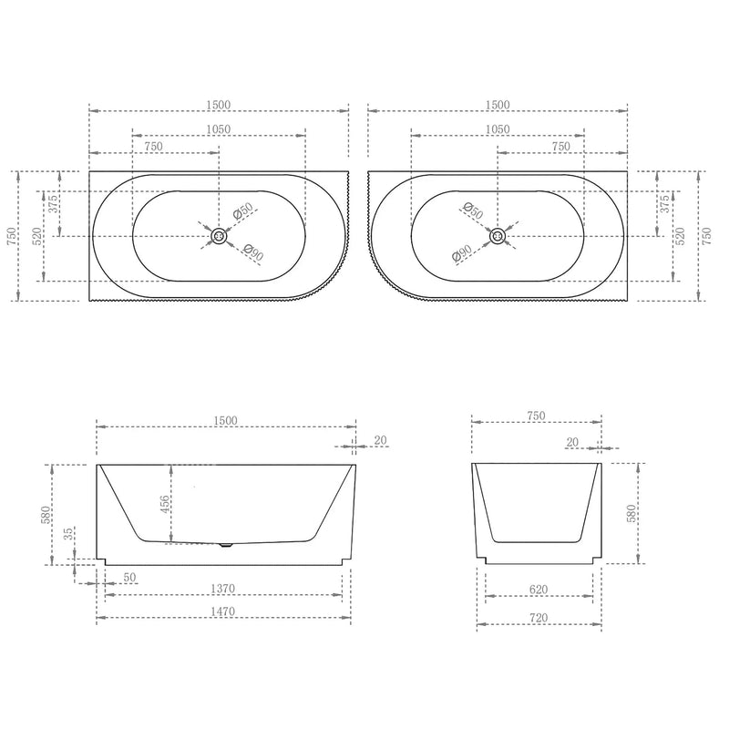VICTORIA V-Groove Matte White Back to Wall Corner Bath PS