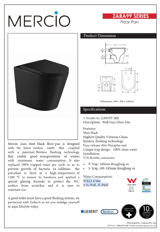 Matte Black Rimless Wall Faced Floor Pan