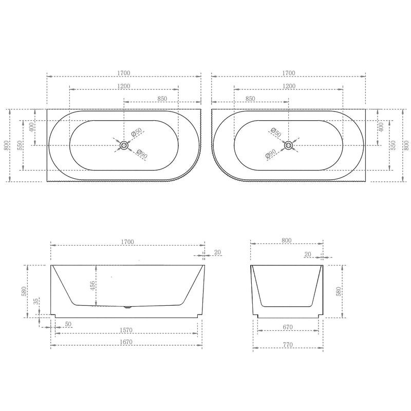 VICTORIA V-Groove Matte White Back to Wall Corner Bath PS