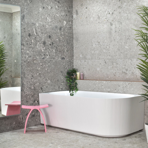 VICTORIA V-Groove Matte White Back to Wall Corner Bath