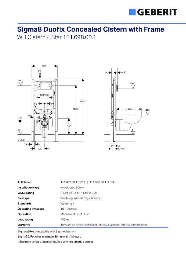 Geberit Sigma 8 Duofix In-Wall Concealed Cistern