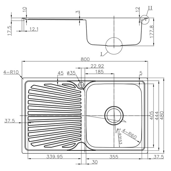 OTUS SINGLE SINK WITH SINGLE DRAINER RIGHT HAND BOWL STAINLESS STEEL